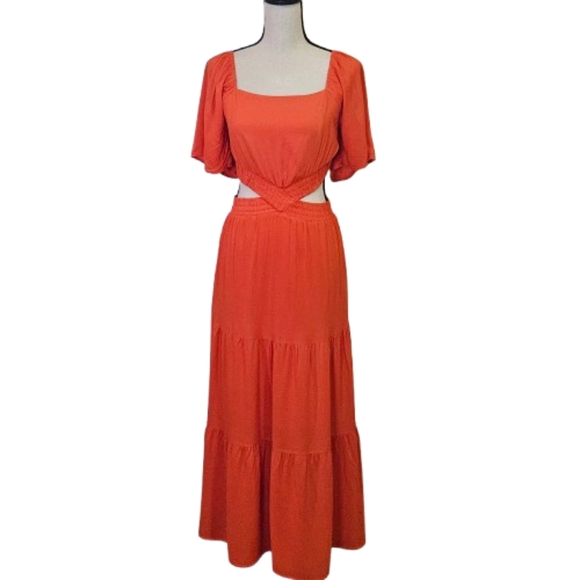 LEANI Orange Short Sleeve Crossover Waist, Tiered Maxi Dress w/Cut-Out,Large - Picture 2 of 16
